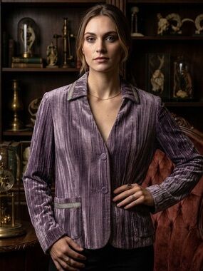 Vintage  Haggar Dusty Plum Crushed Velour Blazer Jacket Tapestry Trim purple